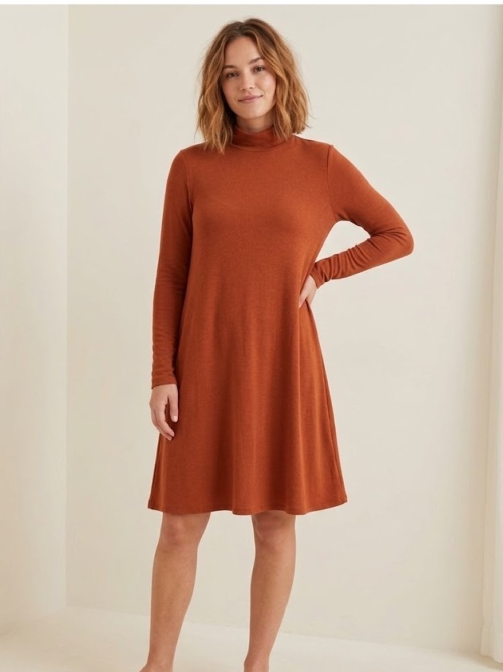 LOFT Women’s Rust Orange Brown Long Sleeve Mock Neck Dress, Size Medium